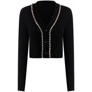 Luxurious 100% Cashmere V Neck Cardigan with Rhinestone Detail By Aqua in Black